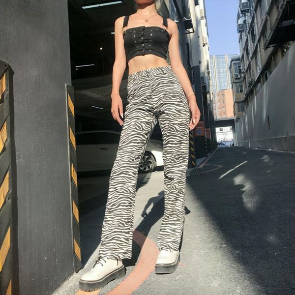

fashion women zebra print long wide leg straight flared high waist trousers bell bottom pants, Black;white