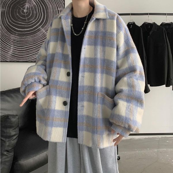 

men's wool & blends winter thick plaid woolen coat men warmth fashion retro oversize loose korean short mens overcoat, Black
