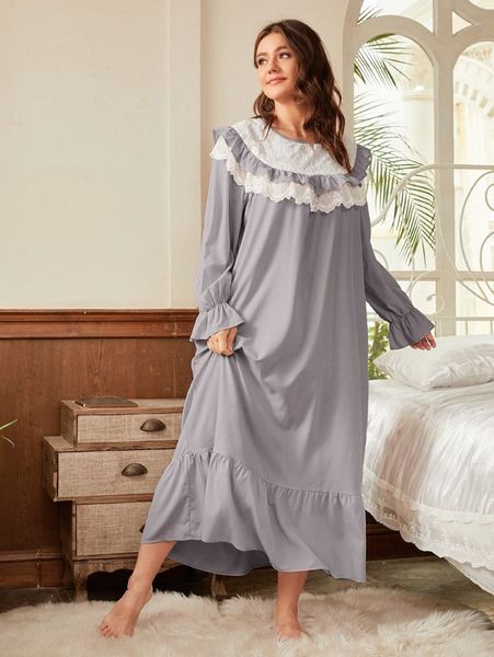 

plus lace panel ruffle trim flounce sleeve nightdress y3tg#, Black;white