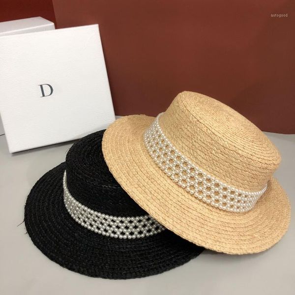 

stingy brim hats zhouqi001 luxury women's casual raffia rhinestone bowler hat flat cap beading ribbon floppy panama caps straw sun hat1, Blue;gray