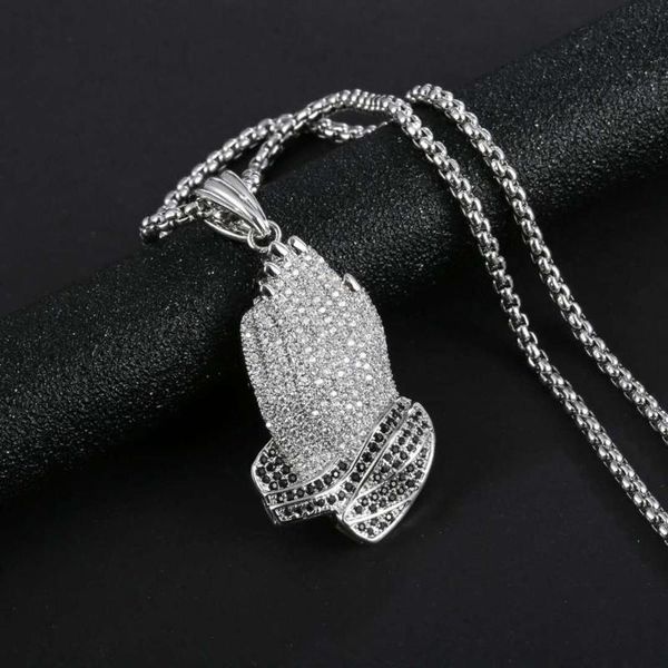 

fashion retro prayer hands religious belief trend hip hop all copper zircon necklace men and women accessories gifts, Silver