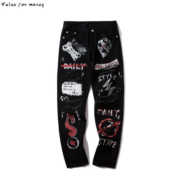 

high hole street retro graffiti black skull jeans men's original straight slim punk pants calca masculina denim trousers q0105, Black;white