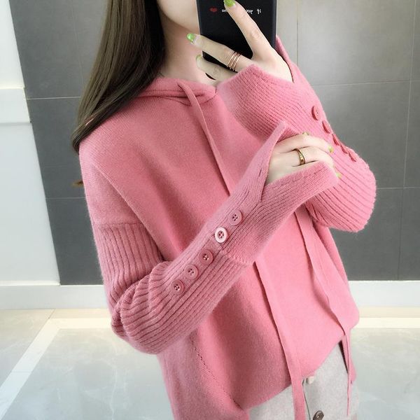 

casual hooded sweater 2020 new autumn winter korean style women loose solid button knitwear female pullover sweater, White;black