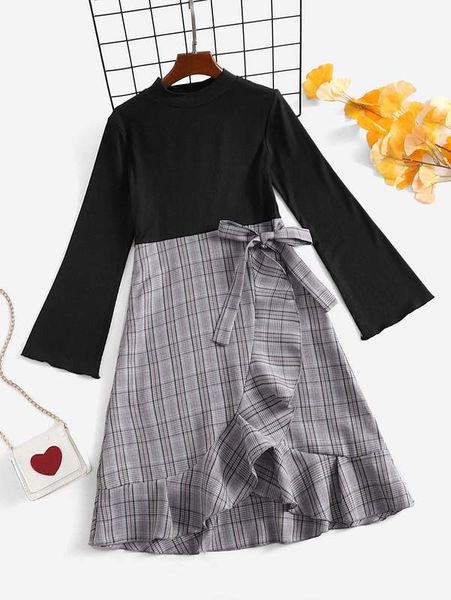 

girls contrast plaid knot side wrap ruffle hem dress she, Red;yellow