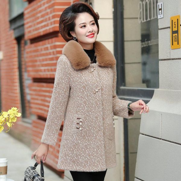 

mature women elegant soft wool blend coat with thick thermal fur collar tweed overcoat beige camel purple wool jacket plus size, Black