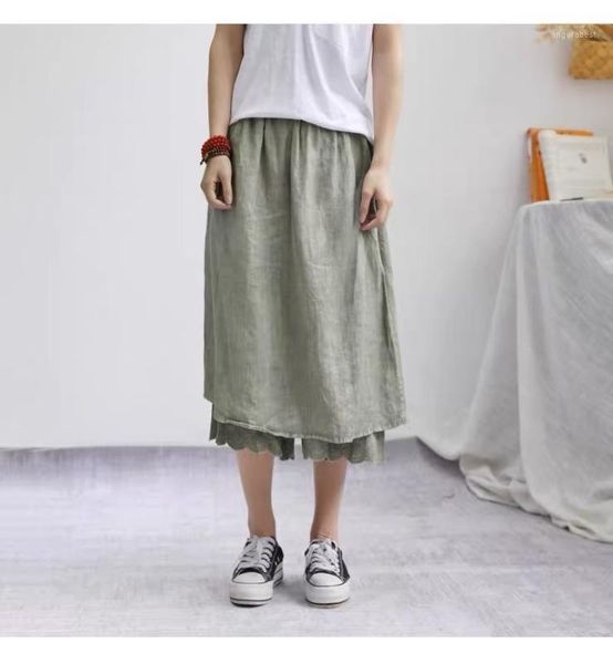 

spring and summer restore ancient ways false two cotton and linen in the long style lace skirt1, Black