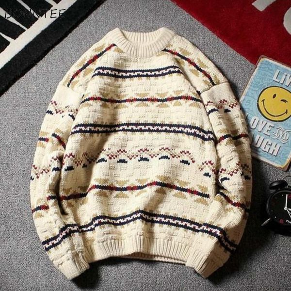 

men's sweaters men pullover retro geometric couples loose knitted sweater male all-match korean style fashion ins chic casual warm stre, White;black