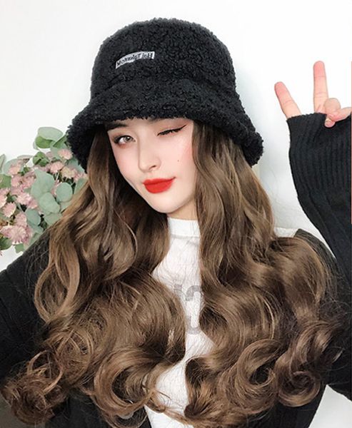 

hooded wig, long hair, wholesale lamb hair, fisherman's hat, wig cover, wig, autumn and winter water corrugated wig cap, Black