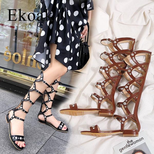 

sandals ekoak classsic rome buckle-strap women gladiator summer square low heels rivets ladies beach shoes woman, Black