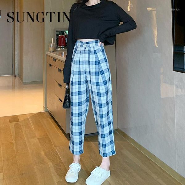 

sungtin high waist plaid straight pants women vintage wide leg ankle length pants causal oversized trousers streetwear korean bf1, Black;white