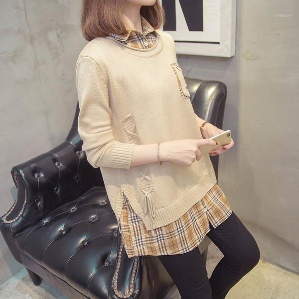 

traizxp fall 2020 new shirt collar stitching fake two-piece sweater jacket ladies jacket knitted bottoming shirt dual-use1, White;black