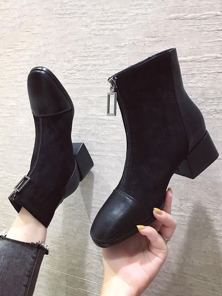 

retro british style wild thickened front zipper handsome motorcycle women's boots temperament fashion comfortable women's boots, Black