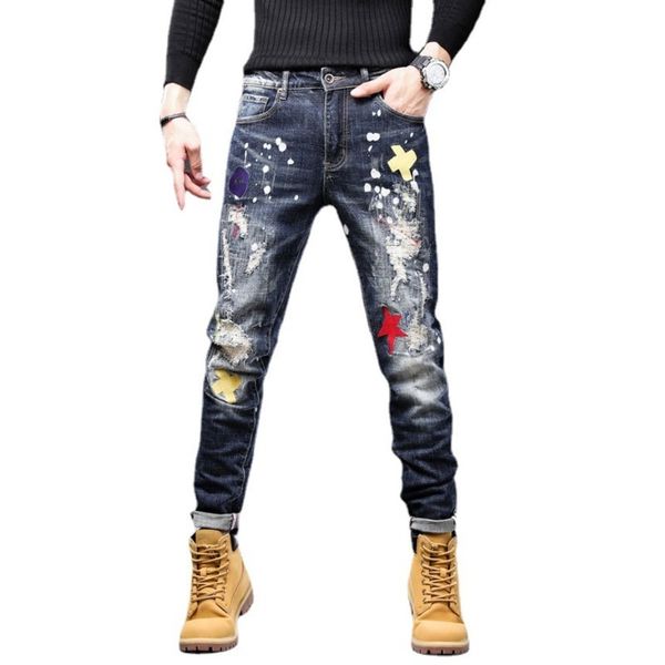 

ripped jeans patch cloth and paint throwing personality, Blue