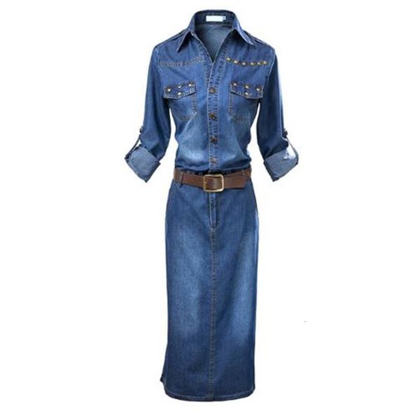

2021 new spring autumn elegant robe vestidos mujer long sleeves office women fashion female vintage rivet casual denim es drqj, Black;gray