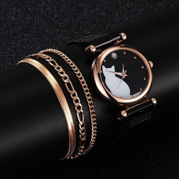 

4pcs women set watches luxury dress magnetic cat pattern pink ladies wrist watch bracelet watch relogio feminino dropshipping, Silver