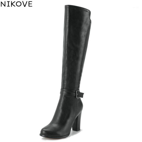 

boots nikove 2021 women winter shoes zip knee high pu buckle square heels round toe autumn woman size 34-431, Black