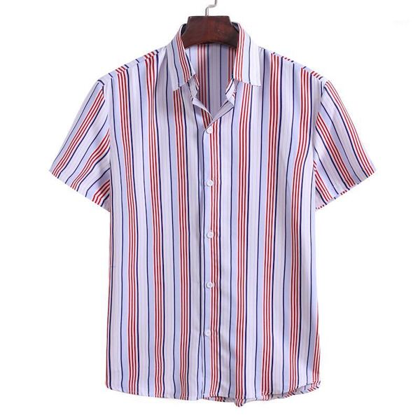 

men's casual shirts men's summer hawaiian shirt button striped print short sleeve streetwear beach blouses men chemise homme1, White;black