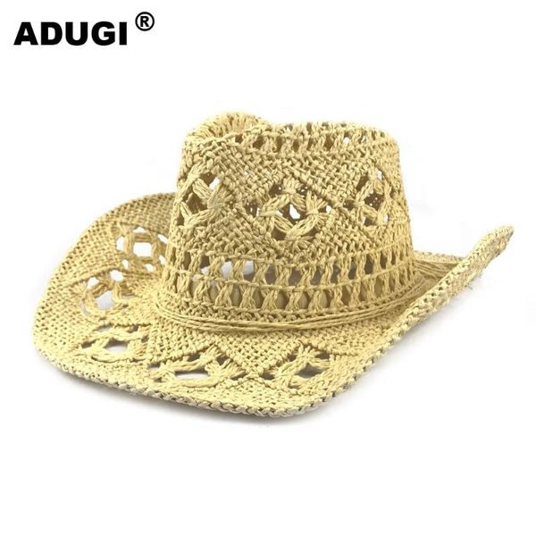 

cloches adugi hand-woven hollow cowboy straw hat men and women summer sunscreen cool beach western, Blue;gray