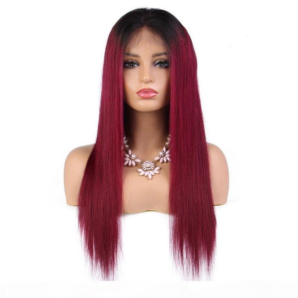 

long burgundy ombre full lace human hair wig straight virgin peruvian human hair lace front wig with baby hair two tone #1b 99j, Black;brown