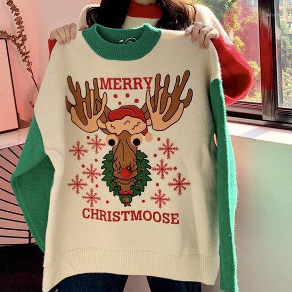

christmas sweater elk pattern long sleeve warm o-neck sweater casual preppy street style oversized loose knitted women1, White;black