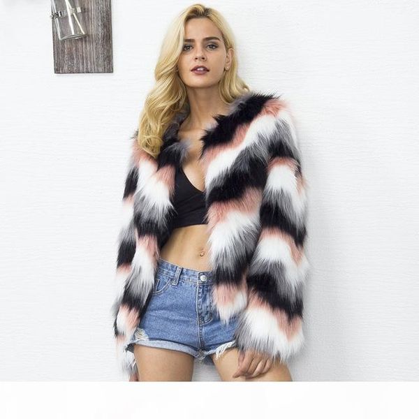 

women elegant fur coats colorful faux fur coat multicolor long sleeve collarless casual woman winter fur coats t0830, Black