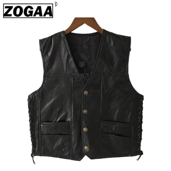 

zogaa motorcycle vest leather men's black waistcoat male biker punk genuine leather button lace up autumn sleeveless jacket men 201216, Black;white