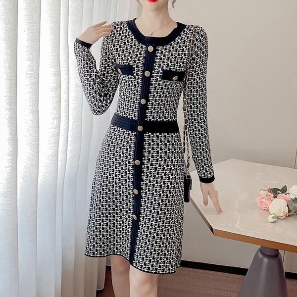 

new arrival autumn women sweet houndstooth single breasted knit dress female high end runway luxury korean slim dresses vestido, Black;gray