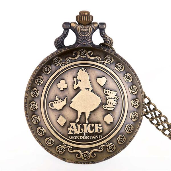 

retro vintage alice in wonderland rabbit flower pocket watch necklace quartz women ladies bronze pendant retro chain gift td2072 wmtzke, Slivery;golden