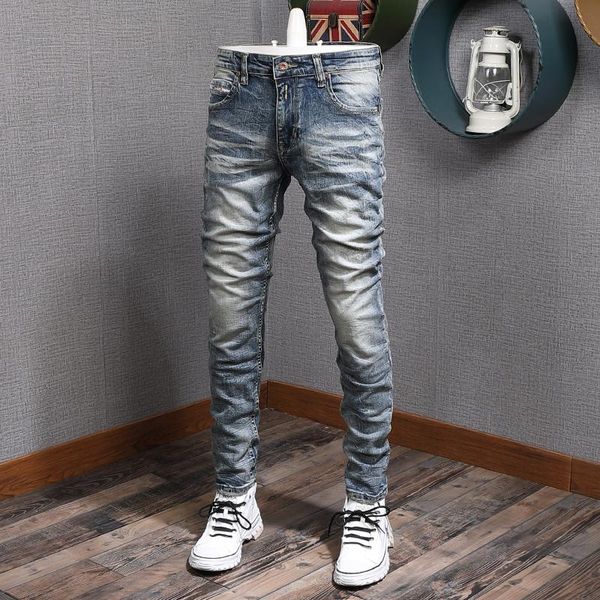 

italian style fashion men jeans retro blue elastic slim fit ripped cotton denim pants streetwear vintage designer long trousers