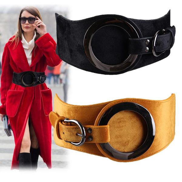 

wide elastic belt real bandoleira cinto feminino 2020 new velvet leather elastic waistband ring decorative waist seal ladies, Black;brown