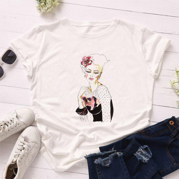 

t shirt summer women short sleeve tshirts floral women simple line print vogue t shirt female aesthetics tee shirts, White
