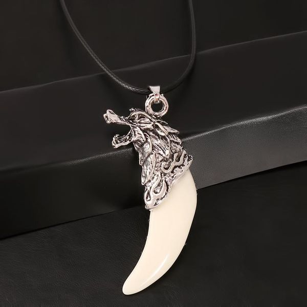 

wolf tooth men necklace fashion resin wolf tooth alloy head pendant necklace with leather rope jewelry, Silver