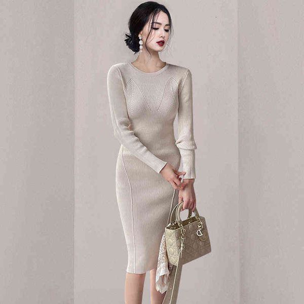 

woman casual dresses 2022 autumn korean style temperament slim fit medium and long knitted bag hip bottomed skirt sweater dresses, Black;gray