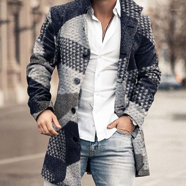 

men autumn long coat geometric color block print button lapel fashion office winter jacket 2020 casual wool coats oversized new1, Black