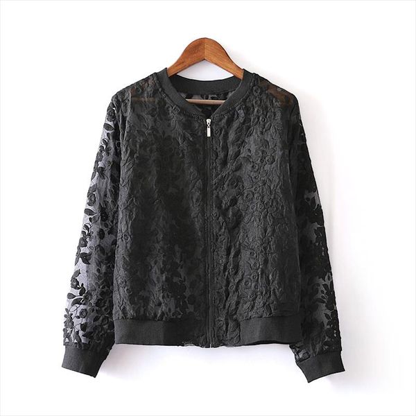 

organza lace jacket women black white spring summer short coat stand collar bomber jacket women chaquetas casual jackets, Black;brown