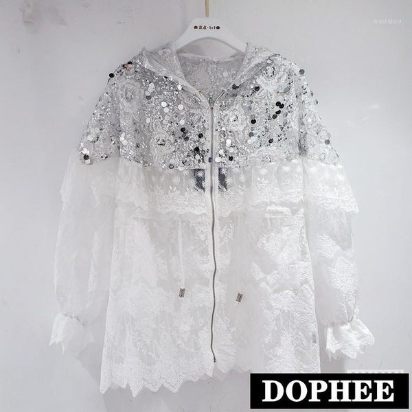 

streetwear lace jacket for women summer new fashion sequin stitching lace mid-length sunscreen hooded jacket coat1, Black;brown