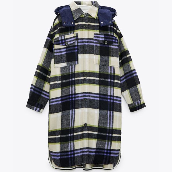 

2021 new women's coat autumn and winter mid length wool fashion hooded plaid shirt 3m6n, Black