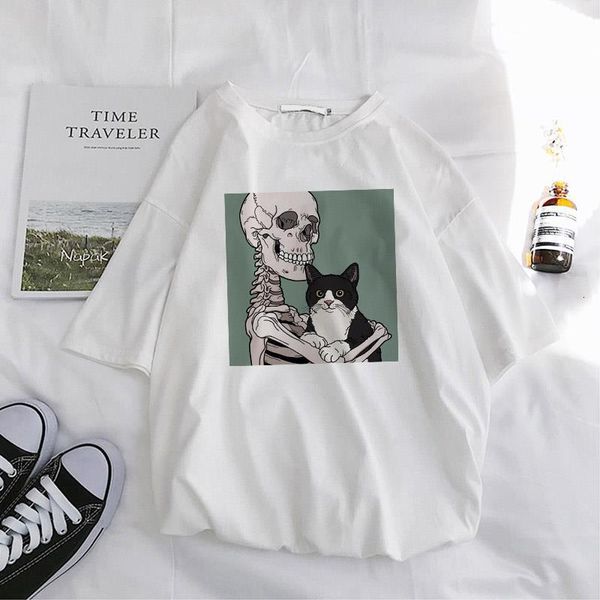 

skull and cute cat printed women vintage casual women's fashion plus size harajuku tees short sleeve new gothic ins t-shirt, White