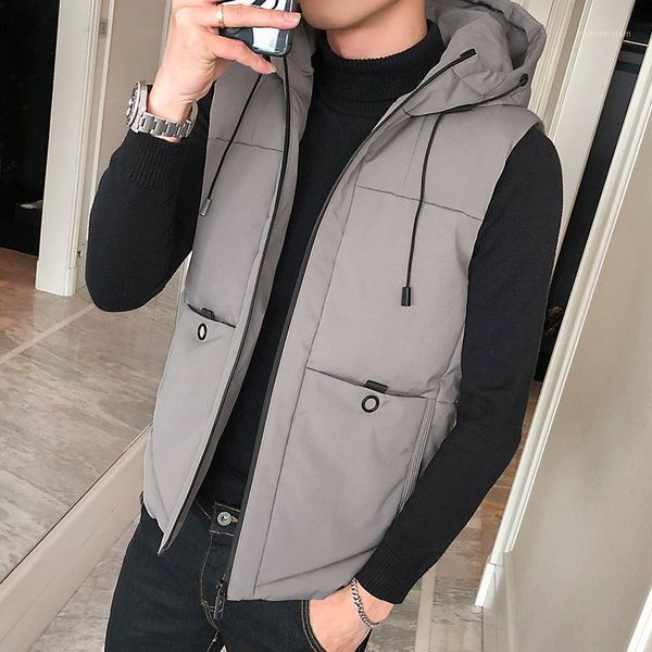 

2020 simple autumn and winter men's casual vest hooded jacket cotton warm thick waistcoat vest1, Black;white