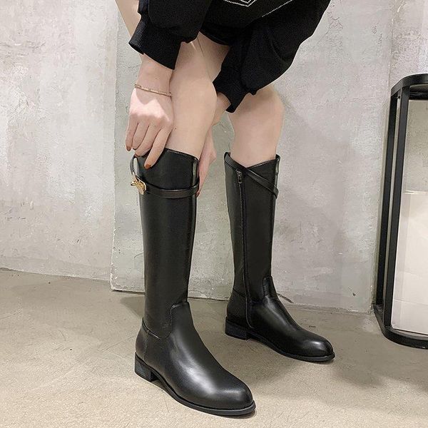 

boots women zipper knee high winter thick sole chunky heel long ladies pu leather belt buckle fashion shoes 2021, Black