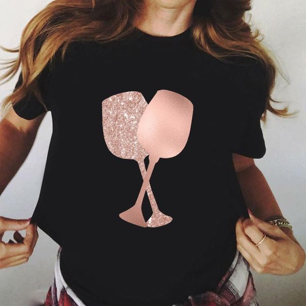 

camisetas tee t-shirt women rose gold wine glasses print t-shirt black casual ladies tshirt 2020 summer t shirt female tees, White