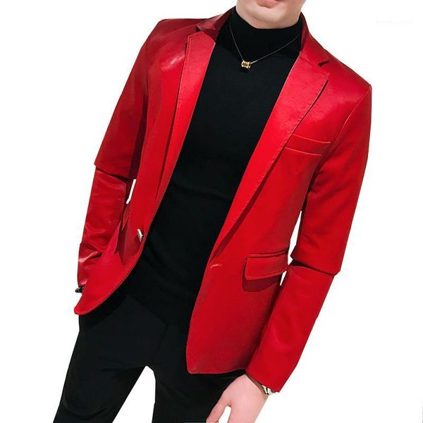 

mens pu leather jacket blazer business casual slim fit suit jacket one button formal nightclub party blazers dress coat1, White;black