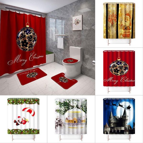 

christmas print shower curtain 4 piece carpet cover toilet cover bath mat pad set bathroom curtain with 12 hooks1