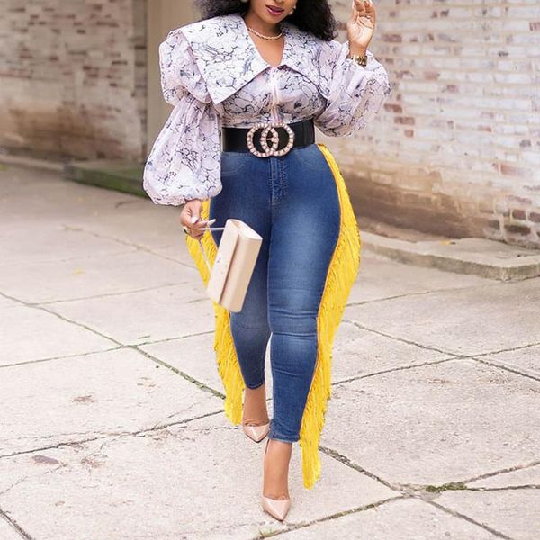 

plus size 3xl denim tassel pants spring summer high waist 2021 blue african new female women jeans pencil pants trousers fashion