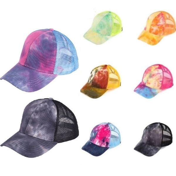 

tie dyed back hole ponytail baseball cap messy bun hats women washed cotton snapback trucker caps summer sun visor mesh cap h2308, Yellow