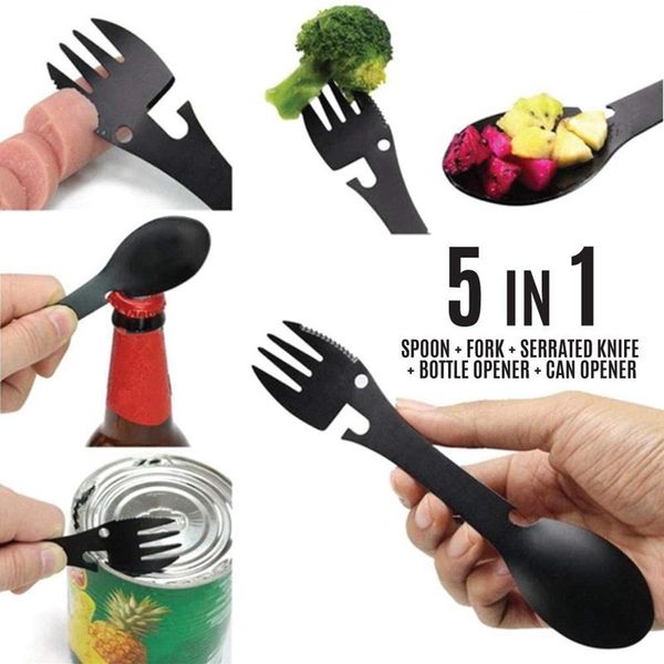 

multi-function fork spoon 5 in 1 portable stainless steel multi flatware bottle opener cutter for camping,hiking my-inf0680