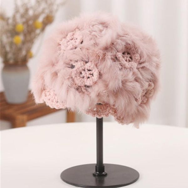 

knitted woolen hat women winter warm fur soy beanie hat handmade crochet cute hollow flower pullover, Blue;gray