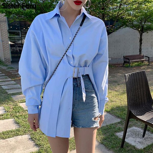 

women's blouses & shirts sister fara spring autumn turn down collar blue irregular shirt coat plus size blouse long sleeved fashion tre, White