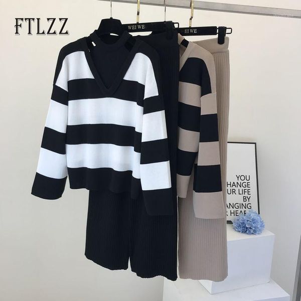 

fashion women stripe outfits new spring autumn halter knitted + loose straight pants suits woman 2 piece set sweatsuit1, White