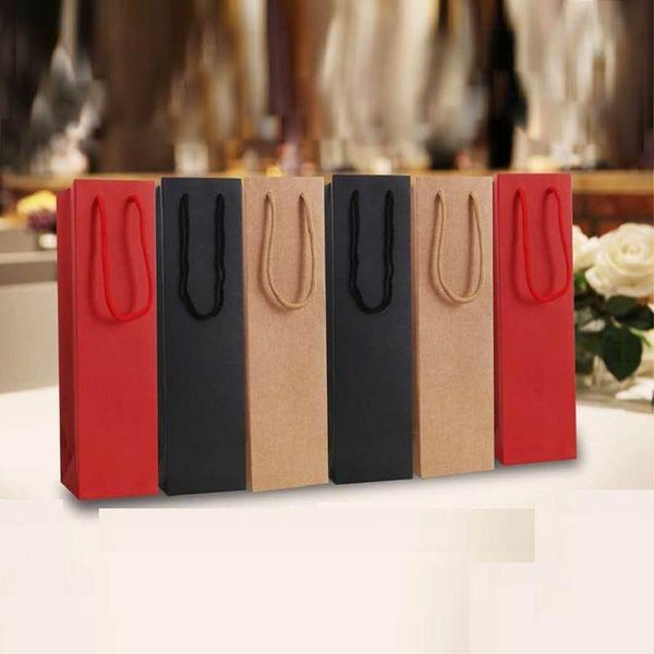 

gift wrap 300pcs solid wine paper bag with ribbon packing box single bottle portable oil carrier package 5 color